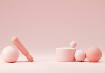 Fototapeta premium Minimalist Pink Still Life: Spheres Cylinder and Brush in Soft Light.