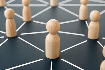Obraz premium Connected Wooden Figurines on Dark Surface with Network Lines