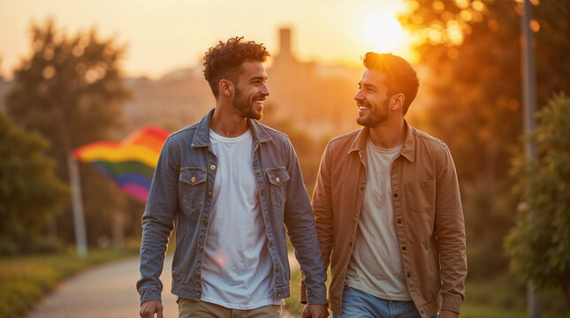 LGBTQ+ multiracial couple holding hands and smiling while walking