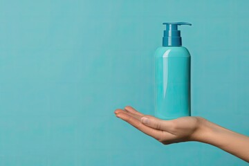 Packaging of Shampoo or Conditioner in Womans Hand on a Blue Background Copy Space and Mock Up