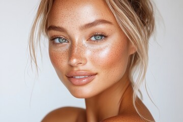 Portrait of a woman with fair skin and freckles. Her eyes are light blue and her skin is glowing and healthy.