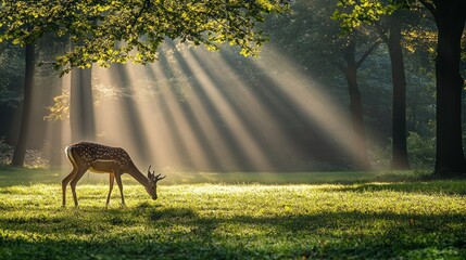 Fototapeta premium Deer grazing in sunlit forest