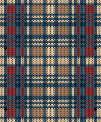 Cozy knit tartan seamless pattern. Knitted plaid pattern dark blue, red, beige. Woven plaid texture background with knitted stitches