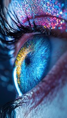 Close-up of a vibrant eye adorned with glittering, colorful makeup. The eye radiates beauty and artistry, a captivating visual experience.