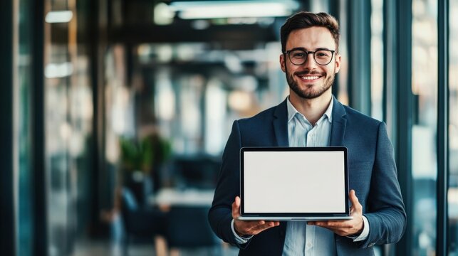 Young handsome businessman Holding a laptop Computer with Blank Screen