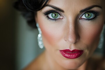 Close-up of a woman with striking green eyes, dramatic makeup, and vintage-inspired hairstyle, emphasizing beauty and glamour.