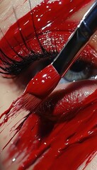 Striking image featuring a close-up of a person's eye and face adorned with vibrant red paint, showcasing artistic and bold expression.