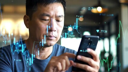 Man using smartphone with financial charts superimposed on screen closeup - Powered by Adobe
