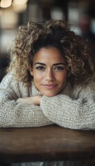 Portrait of woman with curly hair wearing a cozy sweater, resting her arms on a wooden table, looking directly at the camera. Warm and inviting.