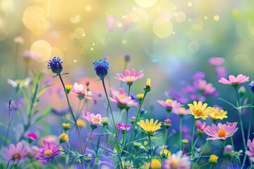 Beautiful Background of Colorful Wild Meadow Flowers, Focus and Soft Light, Bokeh, Copy Space