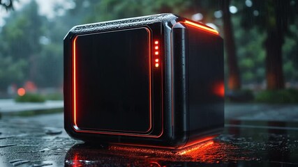 Black cubic object with vibrant red lights sitting on wet pavement during rain. Trees and city lights blurred in background. Sleek design and striking color contrasts - Powered by Adobe