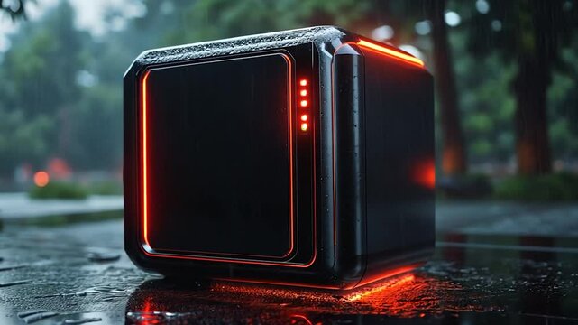 Black cubic object with vibrant red lights sitting on wet pavement during rain. Trees and city lights blurred in background. Sleek design and striking color contrasts