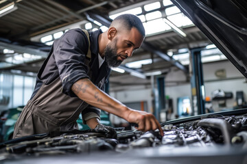 A car mechanic technician repairs a car in an auto repair shop, tools in hand and focused on the work. The concept of expertise, maintenance, and the essential role of mechanics in vehicle care.