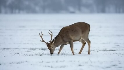 Deer foraging in snowy field
