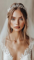 Ethereal bride portrait featuring delicate bridal headpiece, soft veil, and stunning light eyes. Close-up shot of the bride's radiant face.