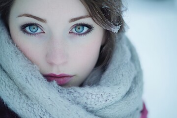 A captivating portrait of a woman with striking blue eyes, wrapped in a warm scarf on a cold winter day. Serene beauty in winter's embrace.
