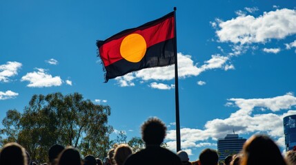 Indigenous flag waving high, crowd gathered