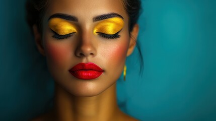 Close-up of a woman with vibrant yellow eyeshadow and striking red lipstick, creating a bold and artistic makeup statement.