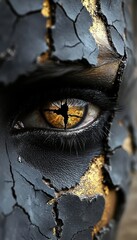 Cracked Mask: Striking eye framed by a mask of cracked darkness, revealing golden light beneath. A dramatic portrayal of hidden beauty.