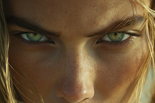 Intense gaze of a person with striking green eyes, captured in a close-up shot with warm lighting emphasizing skin texture.