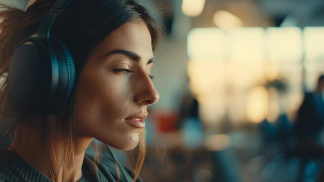 Woman in Headphones Focusing in a Busy Open-Plan Office