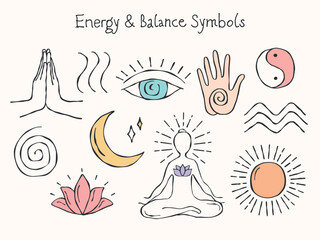 Hand-drawn colored vector set of energy and balance symbols. Includes waves, spiral, yin-yang, breathing lines, hand with energy point, energy circle, namaste gesture, moon, meditating figure, and sun