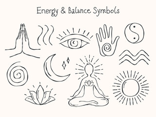 Minimal hand-drawn outline vector set of energy and balance symbols. Includes waves, spiral, yin-yang, breathing lines, hand with energy point, energy circle, namaste gesture, moon, meditating figure