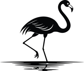 Black flamingo vector, Silhouette of a flamingo walking gracefully on a white background