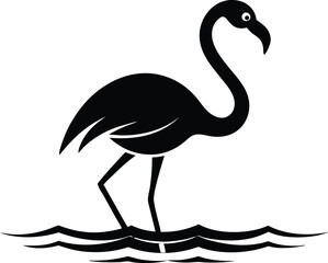 Black flamingo vector, Silhouette of a flamingo walking gracefully on a white background
