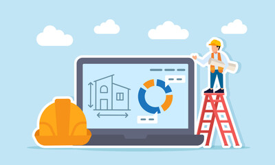 Engineer carrying paperwork walking up stairs near a safety helmet and a laptop showing project progress chart as an illustration of infrastructure construction progress presentation