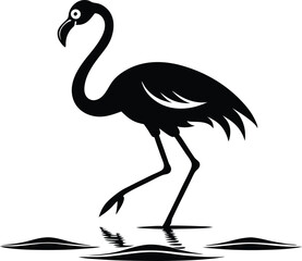 Black flamingo vector, Silhouette of a flamingo walking gracefully on a white background