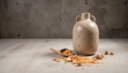 Beautiful clay jug and wooden scoop filled with yellowish powder on a minimalistic table surface