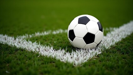 A classic black and white soccer ball is resting near the corner line on a bright green grass field. 
