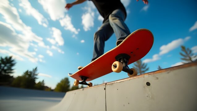 Low-angle shot of a skateboarder mid-trick, with a red skateboard tilted over a concrete ledge. Focus on the skateboard&rsquo;s worn details and dynamic motion, capturing the thrill of urban skating.