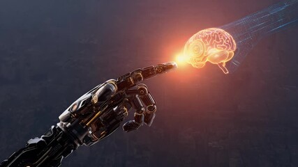 Futuristic robotic hand reaching towards a glowing brain, symbolizing advanced AI and human connection - Powered by Adobe