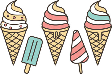 Colorful Ice Cream Set for Summer and Dessert Designs. High Quality Colorful Ice Cream Set for Creative Projects. Beautiful Colorful Ice Cream Set for Social Media and Advertising. Unique Colorful Ice