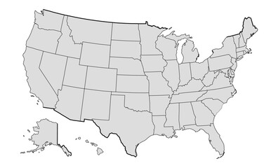 Detailed USA map vector with individual state borders, including Alaska and Hawaii. Clean outline style for infographics, presentations, education.