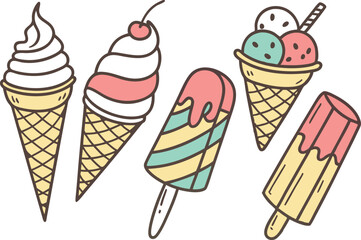 Colorful Ice Cream Set for Summer and Dessert Designs. High Quality Colorful Ice Cream Set for Creative Projects. Beautiful Colorful Ice Cream Set for Social Media and Advertising. Unique Colorful Ice