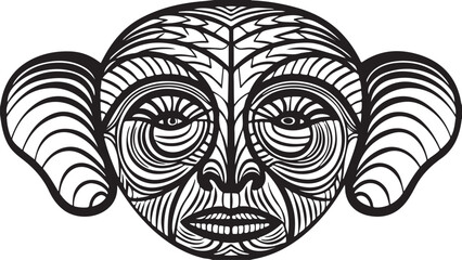 A tribal black and white mask vector design with intricate floral and insect patterns