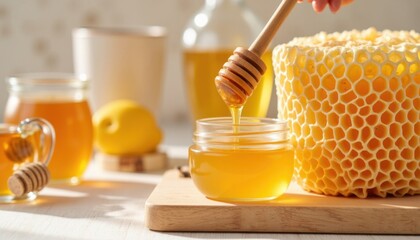 Honey dripping from wooden dipper into jar surrounded by fresh ingredients on a cozy kitchen countertop