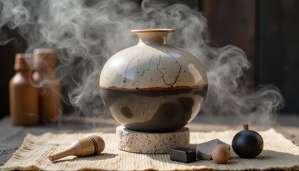 Traditional pottery vase with smoke and wooden tools set on a textured mat in a warm, rustic environment