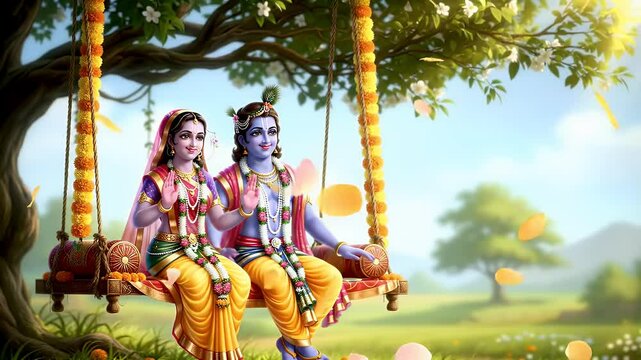 Beautiful animation of Radha and Krishna sitting on a traditional swing (jhula) decorated with marigold flowers and garlands, hanging from a flowering tree