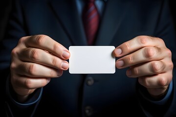 Fototapeta premium Man holding white business card on concrete wall background 
