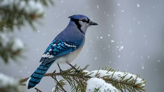 Blue jay perched on snow-covered branch in winter