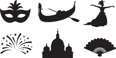 Italian carnival icons Venice mask gondola dancer church firework fan silhouette vector celebration © MC Creative