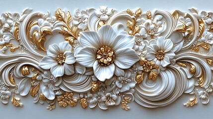 Elegant floral relief design featuring white flowers and gold accents on a soft background ideal for luxury design projects