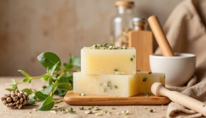 Natural handmade soap with herbal ingredients placed on a wooden board in a cozy workshop