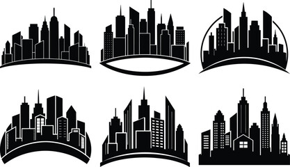 Vector art of six different city skyline illustrations isolated on a transparent background