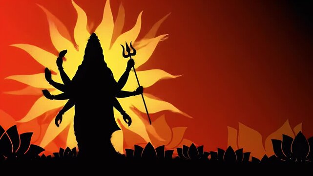 A minimalist silhouette of Goddess Durga standing with her trishul, illuminated by the radiant golden sunlight, against a warm gradient background in shades of saffron and red.