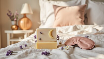 Relaxing bedroom setup with lavender soap and a sleep mask on a cozy bed